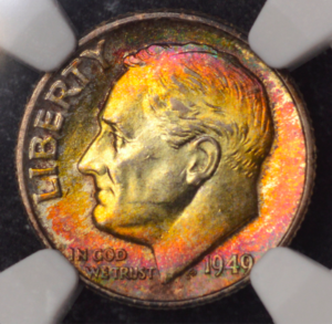 1949-D Roosevelt Dime NGC MS65 FT *Full Torch* Monster Obverse Toner!