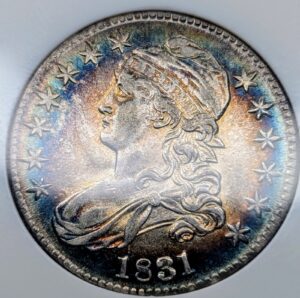 1831 Capped Bust Half Dollar 0-103 AU53 Beautifully Toned Old NGC Fatty Holder