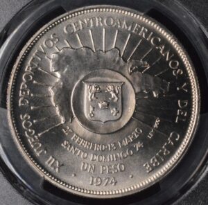 1974 Dominican Republic SILVER Peso, Caribbean Games, KM# 35, PCGS MS69 TOP POP!!
