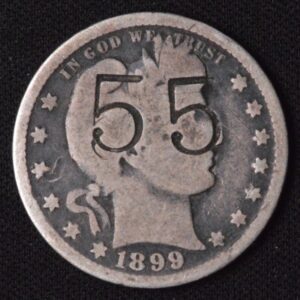 1899 Barber Quarter Counter Stamped '55' Silver Good Condition Quarter for Sale!
