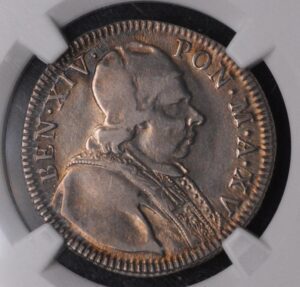 VERY RARE (JAY'S COINS EXCLUSIVE!) Papal States. Benedict XIV Doppio (2 Giulio) NGC XF40 Beautiful Color!