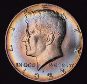 1982 Kennedy Half Dollar Clad Pastel Rainbow Toned