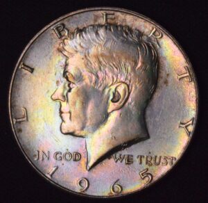 1965 Silver John F. Kennedy Half Dollar Translucent Rainbow Tones!