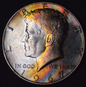 1967 Monster Rainbow Crescent Toned Silver Kennedy Half Dollar 40%!