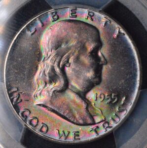 1955 Franklin Silver Half Dollar PCGS MS65 FBL Mega Monster Liquid Nitrogen Green, Black, Purple Toning!!