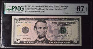 1998-G 2017A $5 Chicago Federal Reserve Note PMG 67 GEM