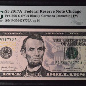 1998-G 2017A $5 Chicago Federal Reserve Note PMG 67 GEM
