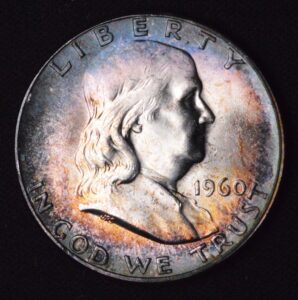 Gorgeous 1960-P "Franky!!" Blue Orbital Toning BU Silver Half Dollar!