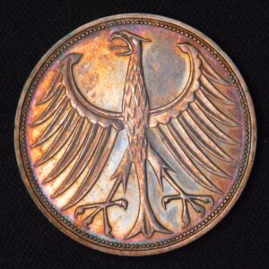 1966 F GERMANY 5 MARK SILVER PROOF GORGEOUS RAINBOW COLOR!!!