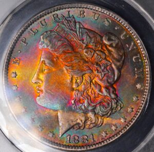 1881-O New Orleans EXTREME RAINBOW Monster Toned Morgan ANACS AU50