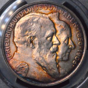 German States: 1906 Baden. Friedrich I 5 Mark PCGS MS65 GORGEOUS ORANGE & BLUE TONED!