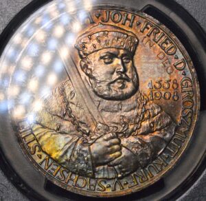 1908-A GERMANY SILVER 5 MARK SAXE WEIMAR EISENACH JENA UNIVERSITY PCGS MS66 RARE RAINWOW PASTEL TONING! SUPER RARE PERFECT SURFACE!!!