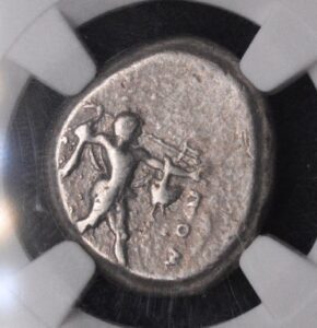 Lucania, Poseidonia Greek Silver Coin Man Throwing Spear at Bull for Food! Rare and Valuable! NGC CH F! 4/5, 3/5