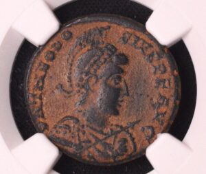 ROMAN EMPIRE. Theodosius I, AD 388-392. Æ2, Helmeted Bust NGC VF