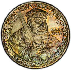 1908-A GERMANY SILVER 5 MARK SAXE WEIMAR EISENACH JENA UNIVERSITY PCGS MS66 RARE RAINWOW PASTEL TONING! SUPER RARE PERFECT SURFACE!!!