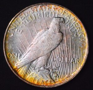 1924 PEACE DOLLAR BEAUTIFUL REVERSE RAINBOW TONING UNC