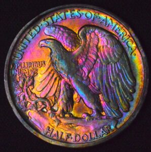 1943-S MONSTER RAINBOW TONED BU WALKING LIBERTY HALF DOLLAR NATURAL OR NOT? WHO CARES!