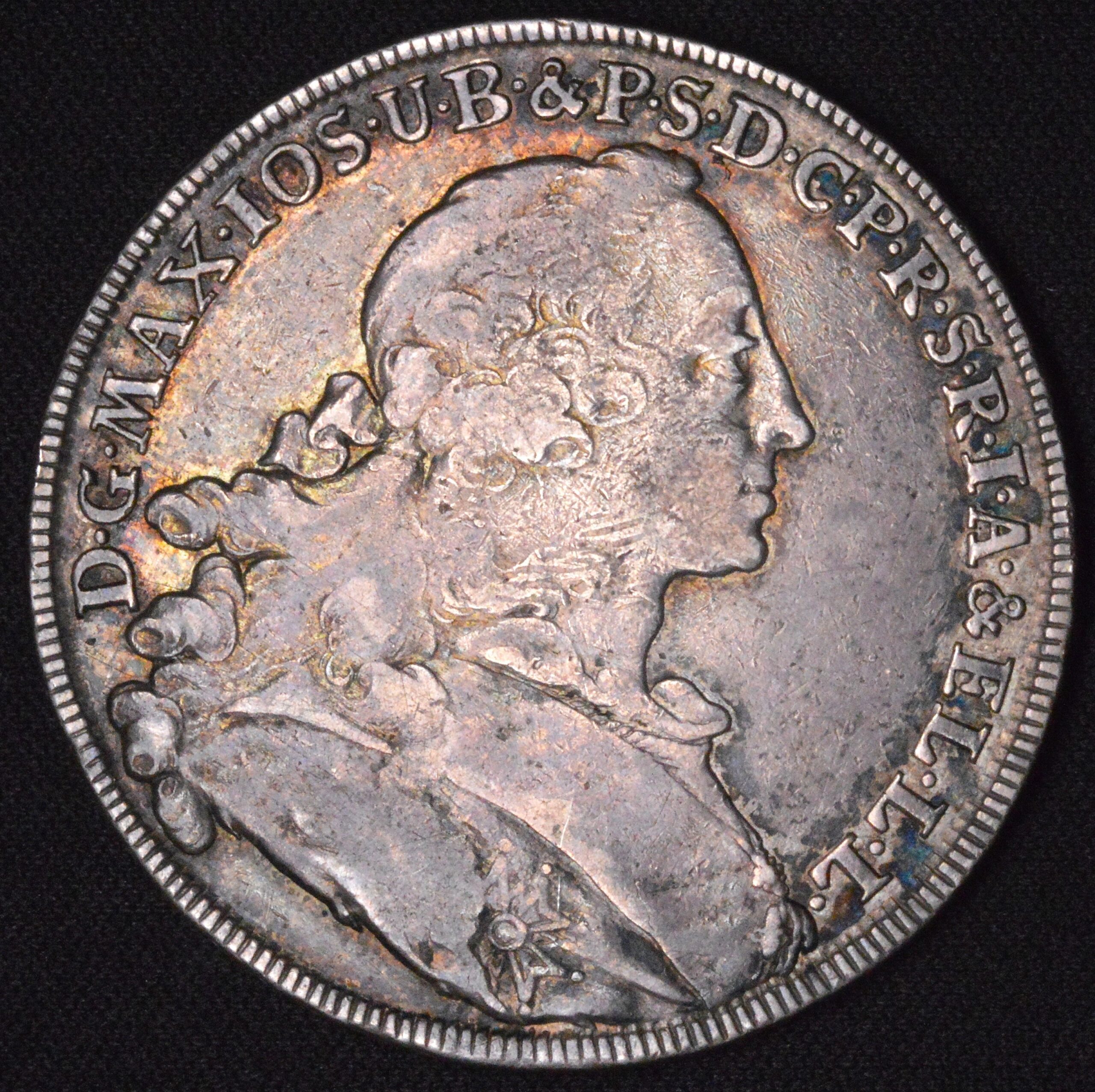 German States - Bavaria - 1 Thaler 1756 - Maximilian III Joseph, Silver Beautiful Toning on Devices! XF
